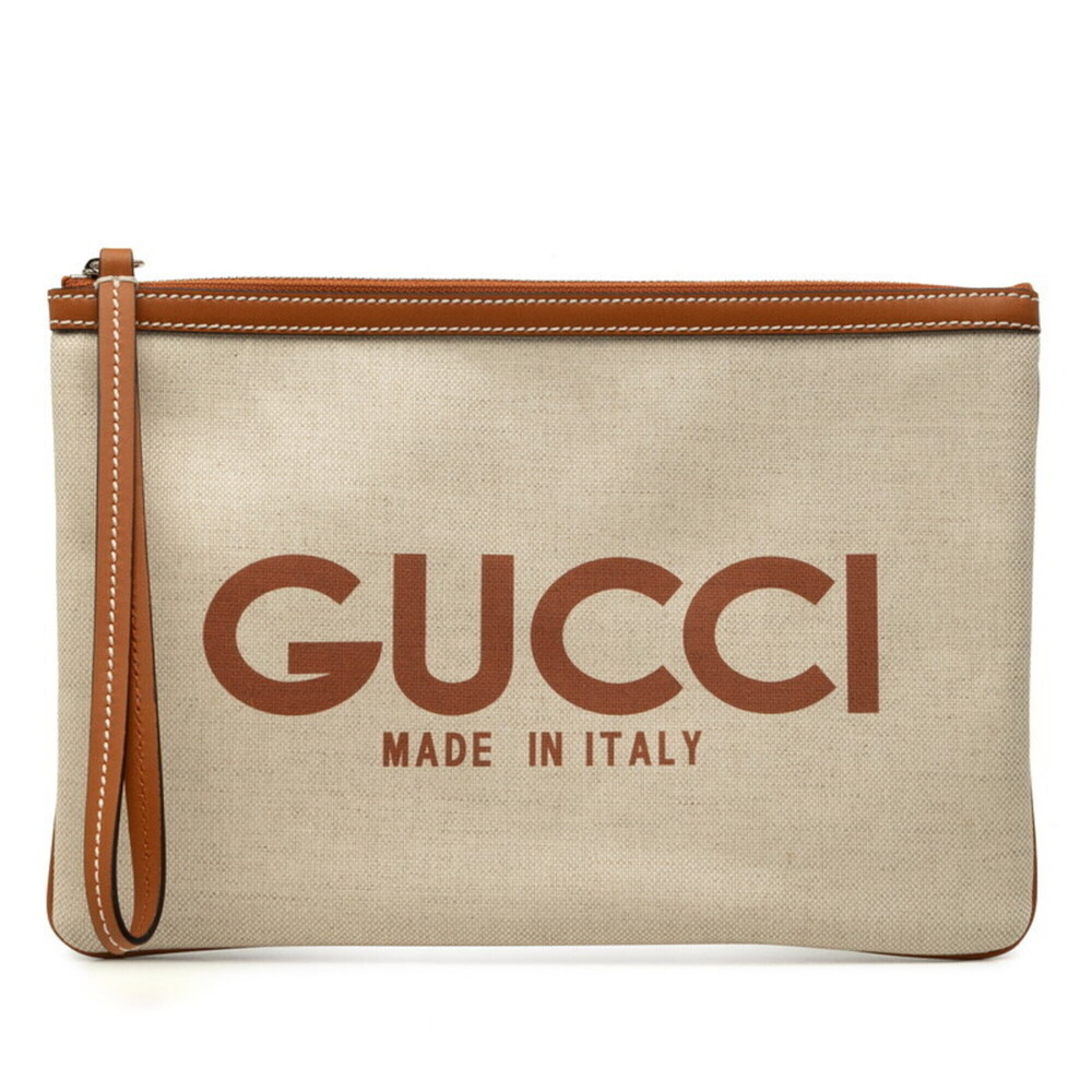 Gucci GG Supreme Logo Print Clutch Bag Handbag Pouch 777165 Beige Brown Canva...